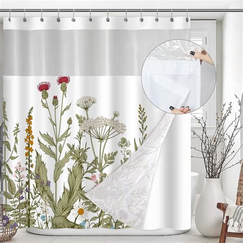 Amazon Sage Green Floral Shower Curtain With Snap In Fabric Liner