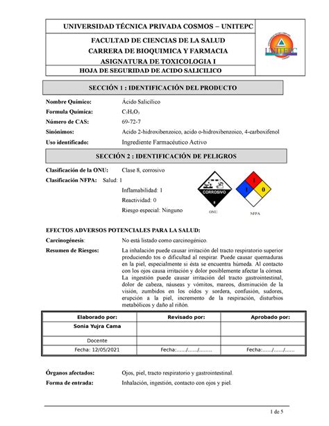 Acido Salicilico Hoja De Seguridad Sonia Yujra Cama Facultad De