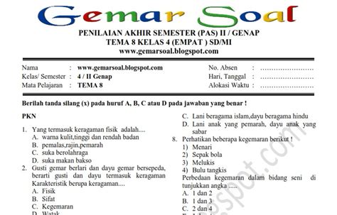 Soal Tema Kelas Dan Kunci Jawaban Pelajaranku