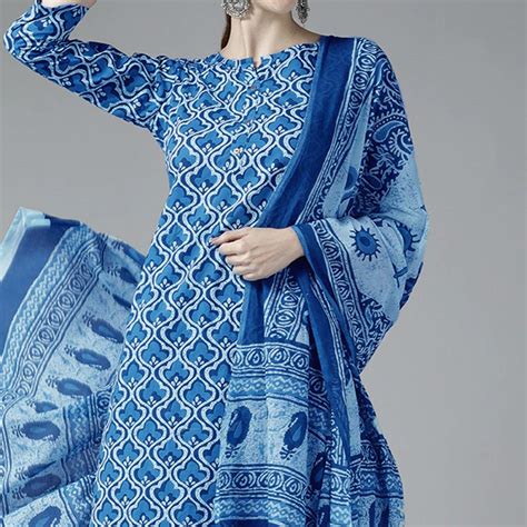 Dark Blue Printed Pure Cotton Kurti Pant Set With Dupatta