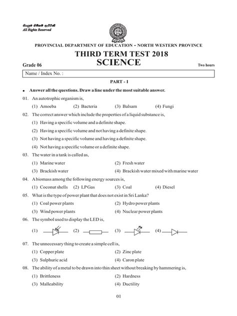 Grade 06 Science 3rd Term Test Paper 2018 English Medium North Western Province Pdf Water