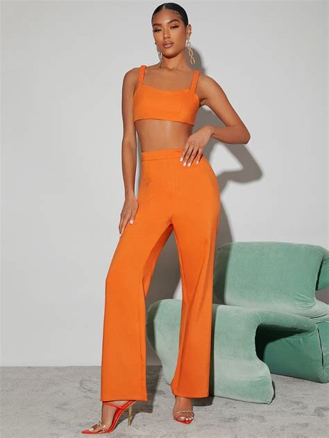 SHEIN BAE Solid Crop Tank Top Wide Leg Pants Wide Leg Pants