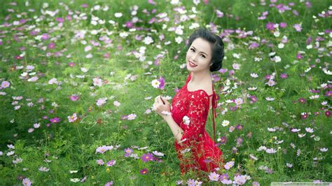 Wallpaper Women Grass Asian Field Green Blossom Flower Flora