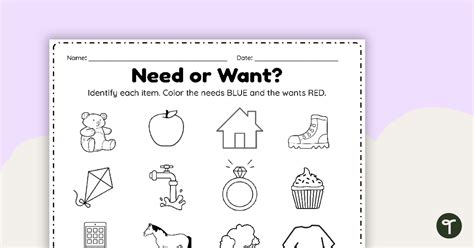 Needs and Wants Worksheet – Printable Colouring Activity - Worksheets ...