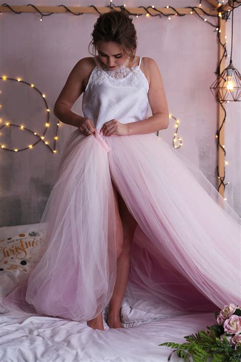 Detachable Tulle Bridal Skirt Overskirt With Long Train Light Pink