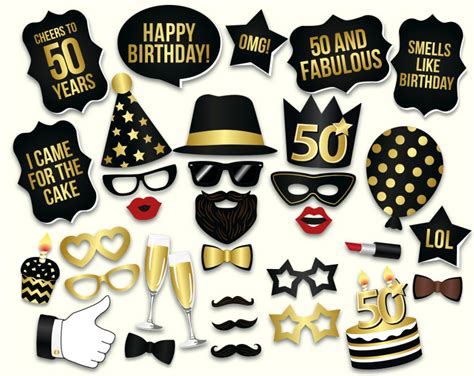 50th Birthday Photo Booth Props Printable Pdf Black And Gold Etsy