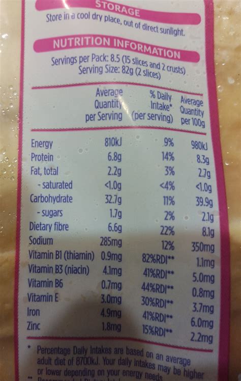 Wonder White Bread Nutrition Label