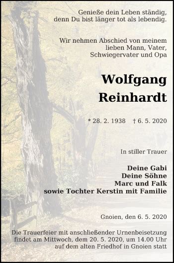 Traueranzeigen Von Wolfgang Reinhardt Trauer Nordkurier