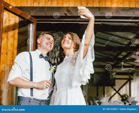 Happy Newly Married Couple Taking Selfie Smiling Bride Brunette Young Woman With Groom Close