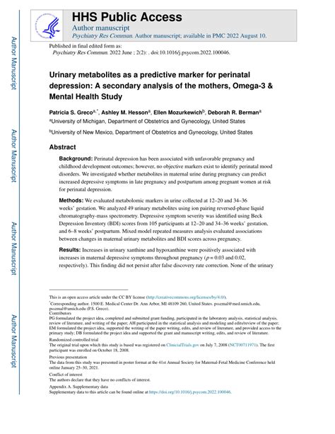 Pdf Urinary Metabolites As A Predictive Marker For Perinatal