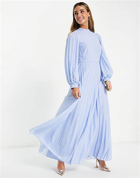 Asos Design High Neck Pleated Long Sleeve Skater Maxi Dress In