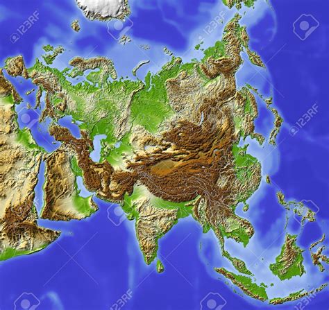 Asia Shaded Relief Map Colored According To Elevation Includes