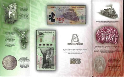 2010 Mexico 100 And 200 Pesos Commemorative Uncirculated Bank Notes In Folder