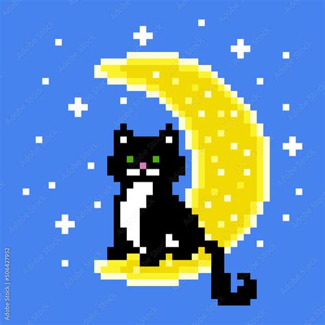 Witchs Black Cat Sitting On The New Moon In The Blue Starry Night Sky Pixel Art Illustration