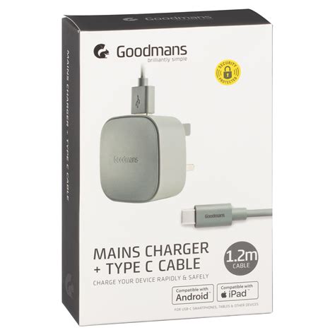 Goodmans Type C Mains Charger Cable Grey Electrical B M