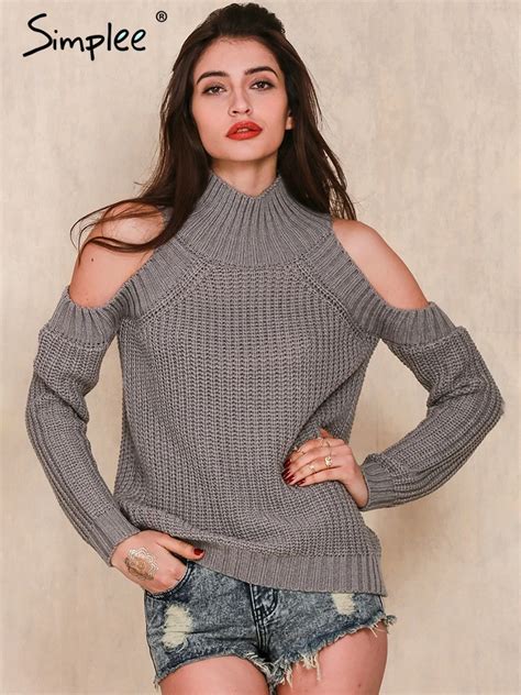 Simplee Turtleneck Off Shoulder Knitted Sweater Women Autumn Fashion