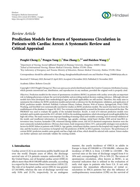 Pdf Prediction Models For Return Of Spontaneous Circulation In Patients With Cardiac Arrest A