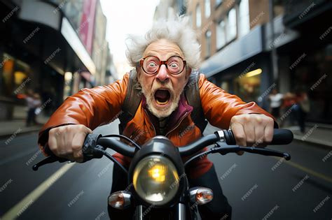 Premium Ai Image Crazy Grandpa On Motorbike Ai Generated Image