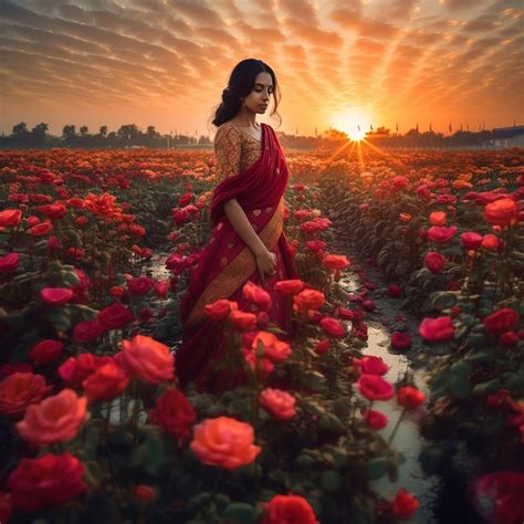 Una Mujer Con Un Vestido Rojo Se Encuentra En Un Campo De Flores Con La