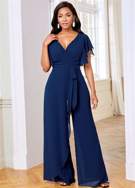 V Neck Ruffle Sleeve Chiffon Overlay Jumpsuit Modlily Usd