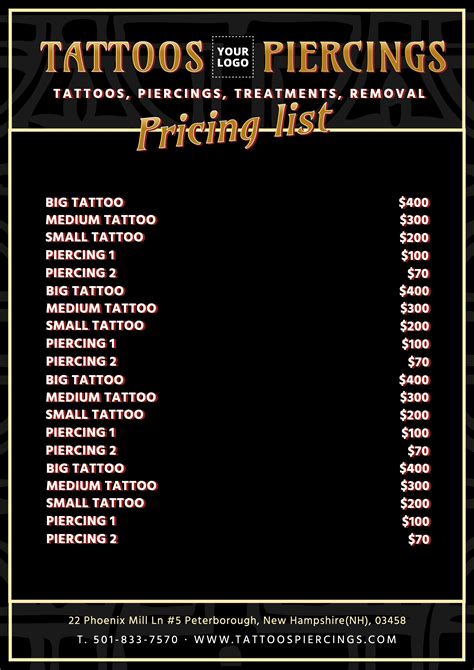 Tattoo Studio Editable Price List Tattoo Prices Small Tattoo Prices