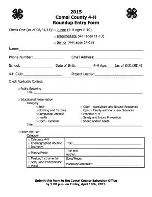 Fillable Online Comal Agrilife 2015 Comal County 4 H Roundup Entry Form