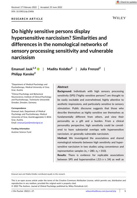 Pdf Do Highly Sensitive Persons Display Hypersensitive Narcissism Similarities And