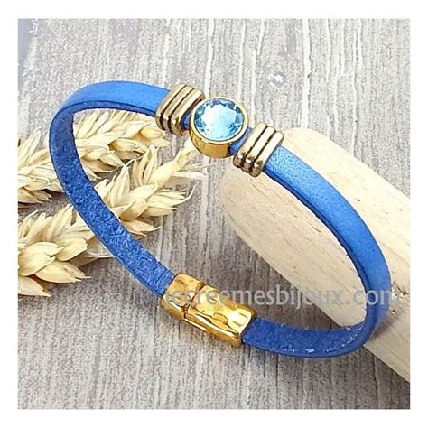 Kit Bracelet Cuir Bleu Jean Avec Perles Or Et Cristal Swarovski Cristal