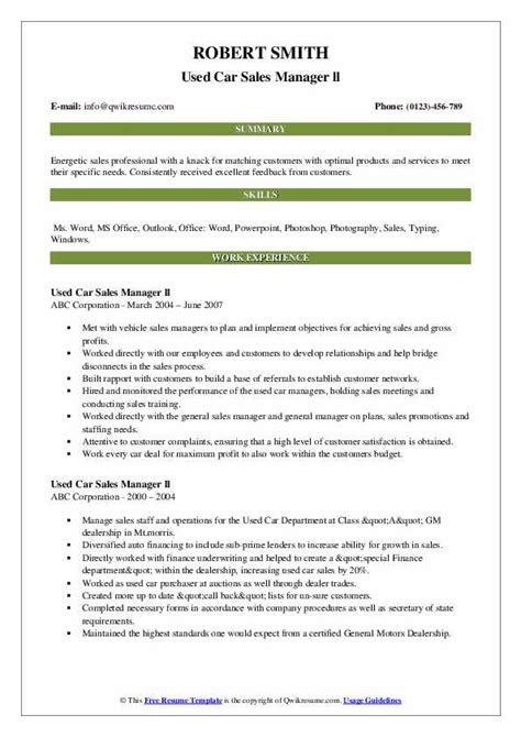 Used Car Sales Manager Resume Samples Qwikresume