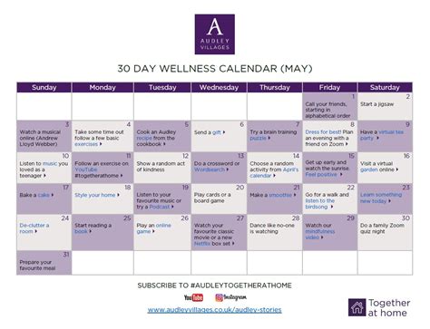 30 Day Wellness Calendar May Audley Villages