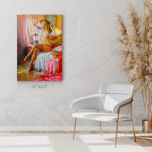 Nude Art Sexy Blonde Woman Vintage Lady In High Heels Naked Nude Paint Sexy Red Lingerie Bedroom