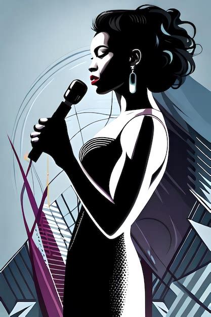 Cantante de jazz mujer negra cantando con micrófono ilustración