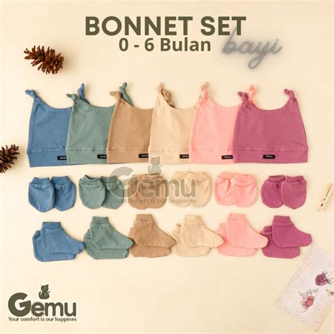 Jual Gemu Set Bonnet Topi Kupluk Kaos Kaki Sarung Tangan Bayi Bulan