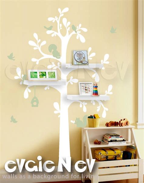 Floating Shelves Tree Wall Decal With Birds And Squirrels Etsy