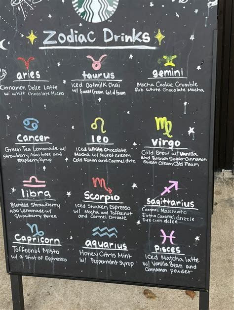 The Zodiac Drinks Menu Is Written On A Blackboard With White Writing