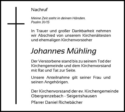 Traueranzeigen von Johannes Mühling Trauer HNA de