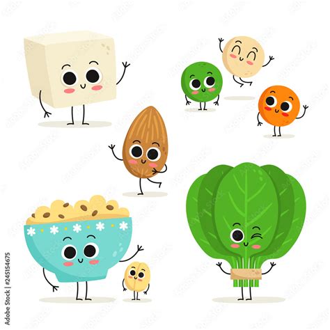 Set Of Cute Cartoon Vegan Protein Food Characters Isolated On White