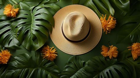 Premium Ai Image Summer Flat Lay Template Straw Hat Monstera Leaf Shad