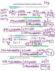 Percent Concentration Molarity And Dilution Extra Practice Key Pdf