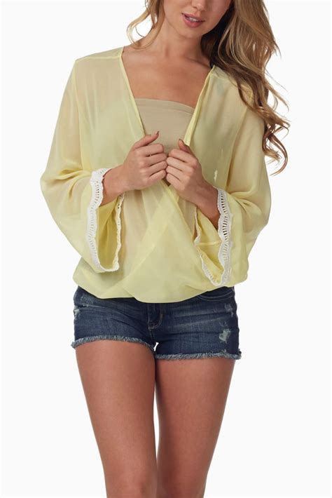 Yellow Sheer Plunging Neckline Blouse Sheer Chiffon Blouse Stylish