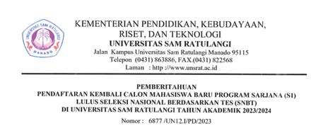 Pemberitahuan Pendaftaran Kembali Calon Mahasiswa Baru Program Sarjana