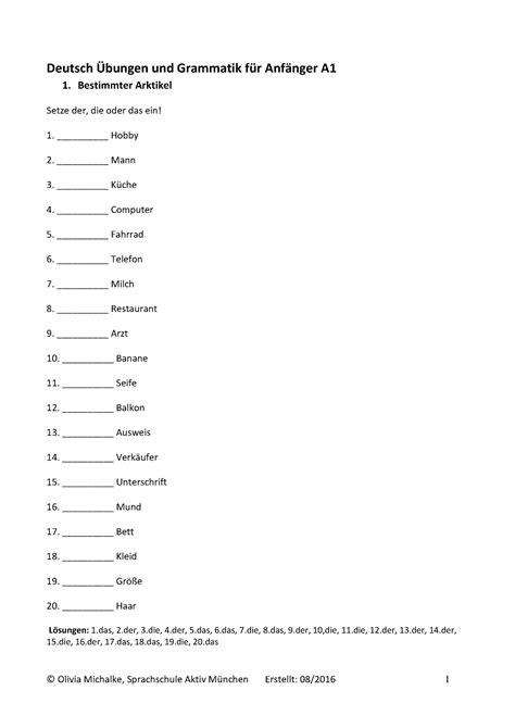 A1 Ubungen In Deutscher Grammatik Fur Anfanger Deutsch Bungen Und