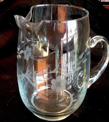 Crystal Glass Pitcher Hand Blown Etched Vintage 40s 50s Floral Design Signed Sign Design