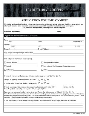 APPLICATION For EMPLOYMENT Fox Restaurant Concepts Form Fill Out And