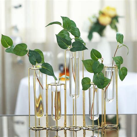 15 Set Of 5 Conjoined Geometric Metal Flower Vase Racks Hydroponic Test Tube Vases Gold