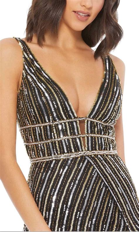 Mac Duggal 5232 Sequin Stripe High Slit Dress Couture Candy