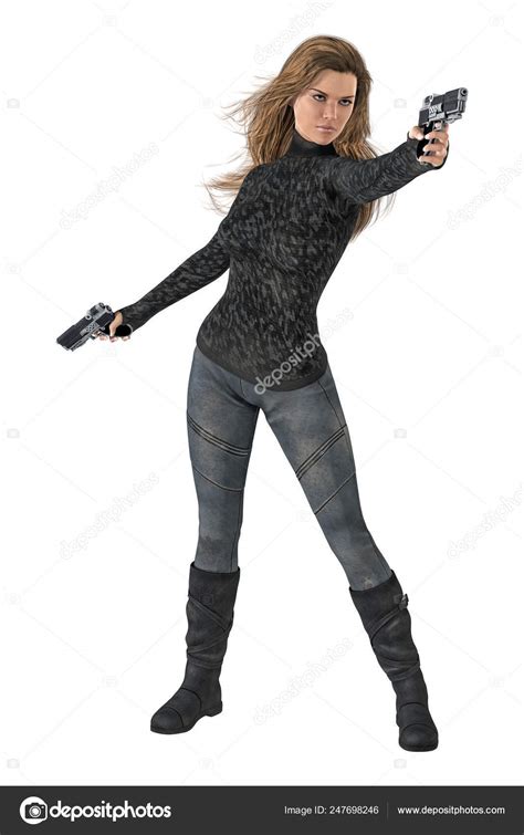 Beautiful Powerful Woman Holding Two Guns In Shooting Pose Isolated On