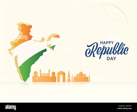 Happy Republic Day Concept With D Tricolor India Map And Silhouette