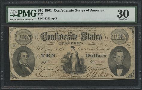 1861 10 Ten Dollars Confederate States Of America Richmond CSA Bank