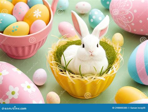 Easter Bunny With Colorful Eggs In Nest Ai Generative Stock Image